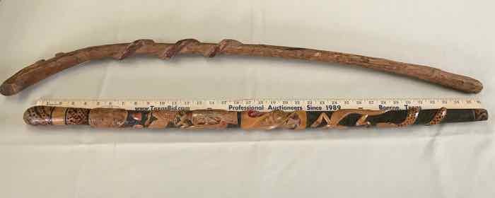 lot 124 image: (2) Walking Sticks Snake & Lizard, Carved Wood