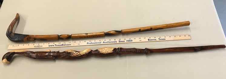 lot 245 image: (2) Canes Carved Face, Jamaica, Multi-Colored Wood & Carved Bearded Face