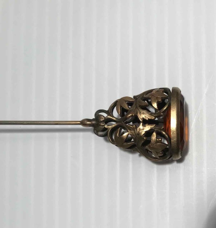 lot 300 image: Hat Pin Botanical Design with Caramel Colored Stone