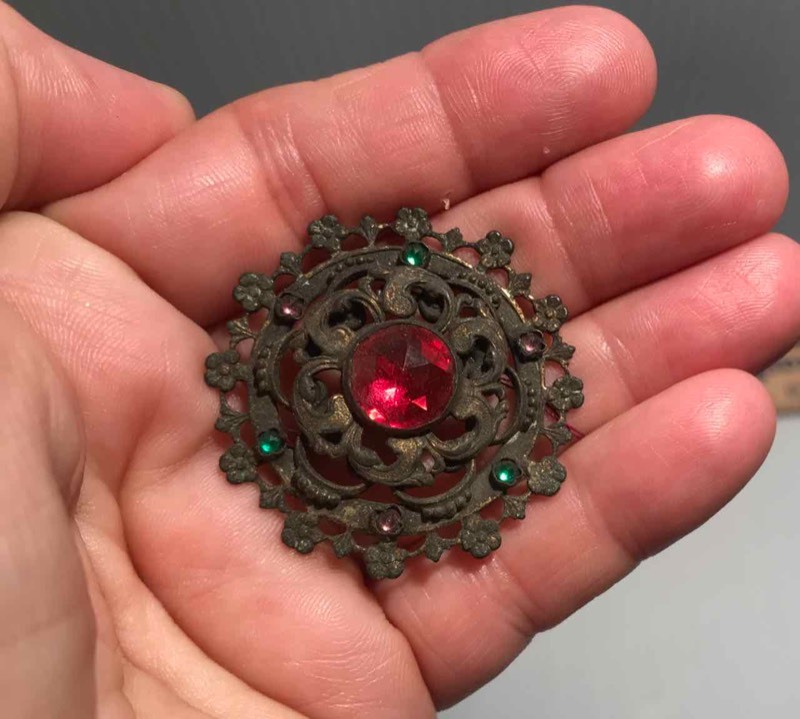 lot 301 image: Hat Pin Metal Filigree with Red Colored Stone