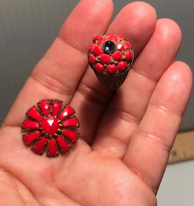 lot 303 image: (2) Hat Pins Red-Orange Stones (1 Topped with Single Blue Stone)