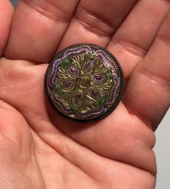lot 315 image: Hat Pin Antique, Painted Glass, Green & Purple Flower with Gold Details
