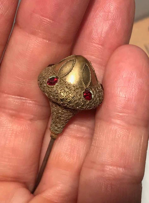 lot 322 image: Hat Pin Dome Shaped Topper with Tiny Red Stones