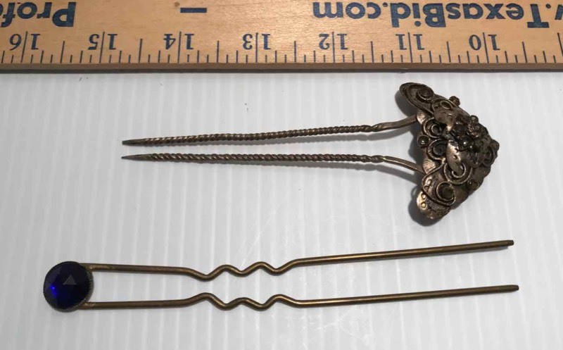 lot 353 image: (2) Hair Pins Silver in Color with Dark Stones & a Blue Stone