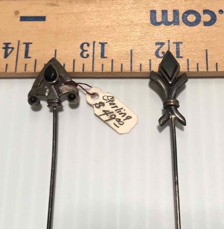 lot 364 image: (2) Hat Pin 925 TH (Black Diamond Shaped & Triangular with 3-Stones
