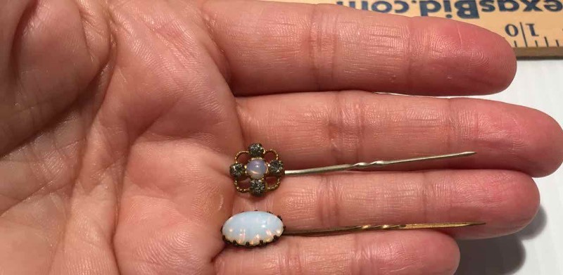 lot 367 image: (2) HatLapel Pins Irridescent Stones, Twist Along Shaft