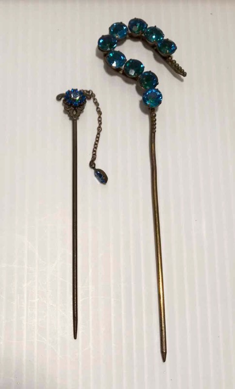 lot 379 image: (2) Hat Pins Kenny Ma Blue Rhinestone with Dangle and Shepherds Hook with Green & Blue Stones