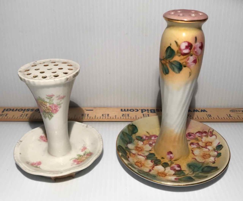lot 381 image: (2) Porcelain Hat Pin Holders Limoges China Yellow Flowers & Limoges France Pink Flowers