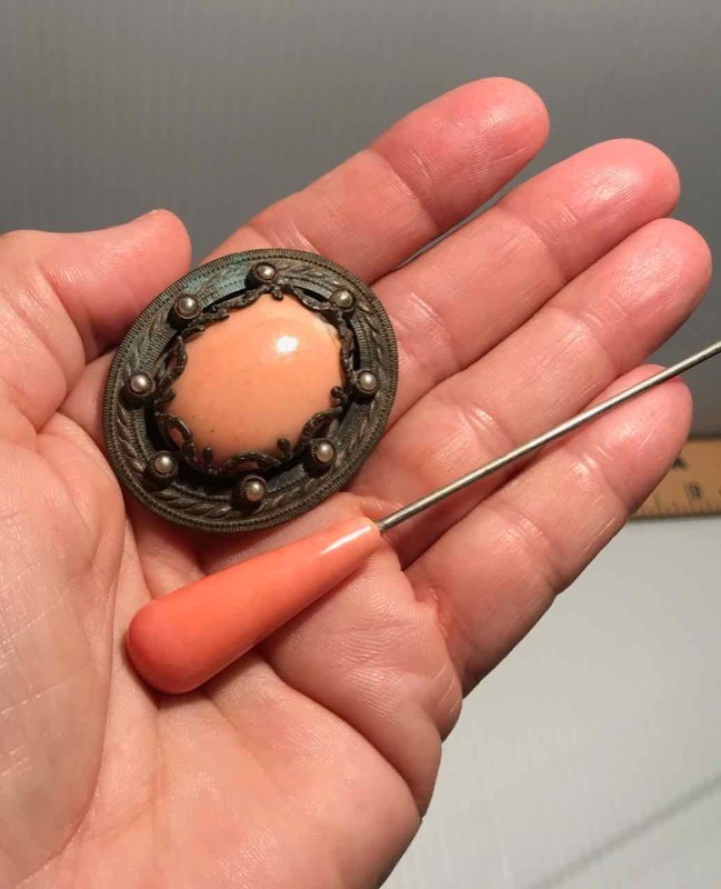 lot 388 image: (2) Hat Pin  Pink (oval stone & Elongated Stone)