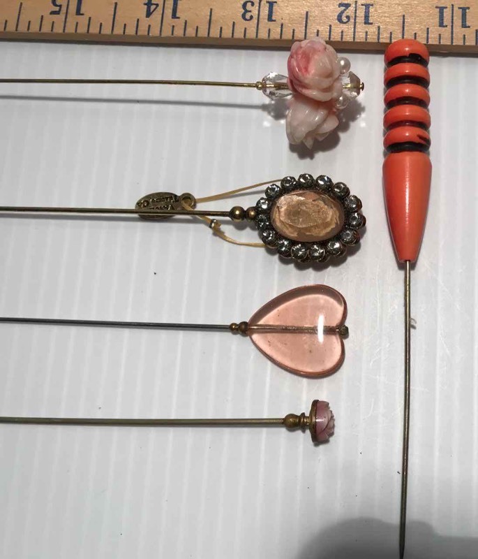 lot 389 image: (5) Hat Pins PinkCoral Colors, Asst. Materials