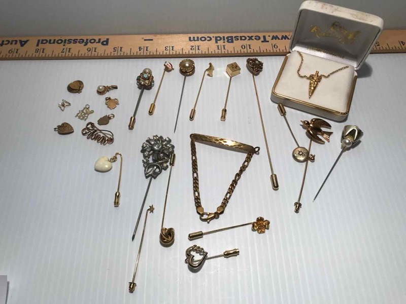 lot 457 image: Asst. Jewelry Stick Pins, Charms, Bracelet, Necklace
