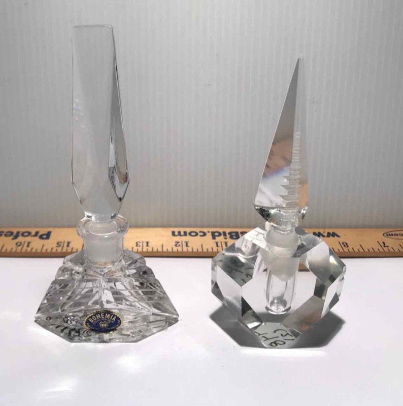 lot 448 image: (2) Crystal Perfume Bottles with Stoppers  Bohemia Czech Republic Crystal & Clear, Etched Stopper