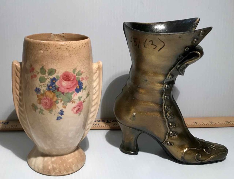 lot 451 image: Metal boot vase, ceramic vase