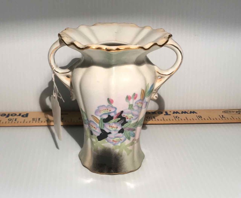 lot 453 image: Antique Hat Pin Holder  RS Prussia, Painted Flowers with Gold Painted Details