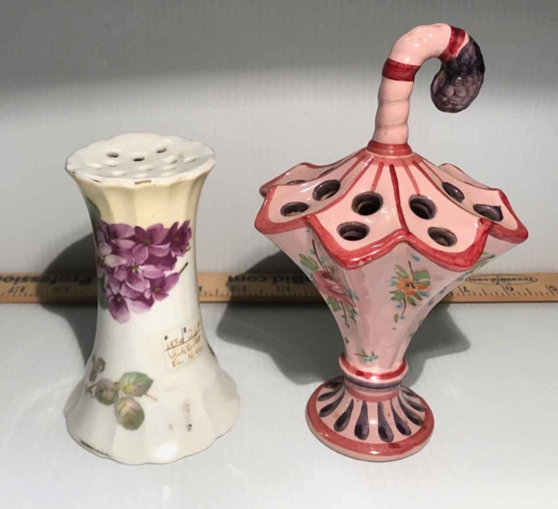 lot 454 image: (2) Hat Pin Holders  Violets & Umbrella Shaped Italy