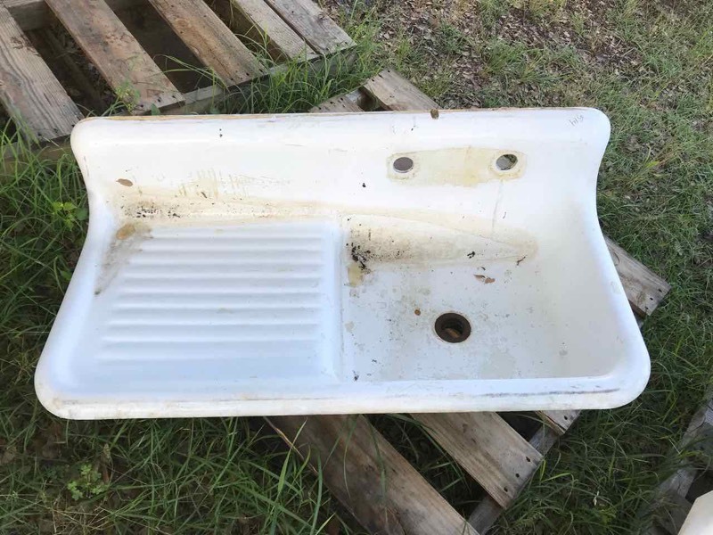 lot 514 image: AntiqueVintage Sink, Cast Iron Enamel Farm Style with Drainboard, Backsplash