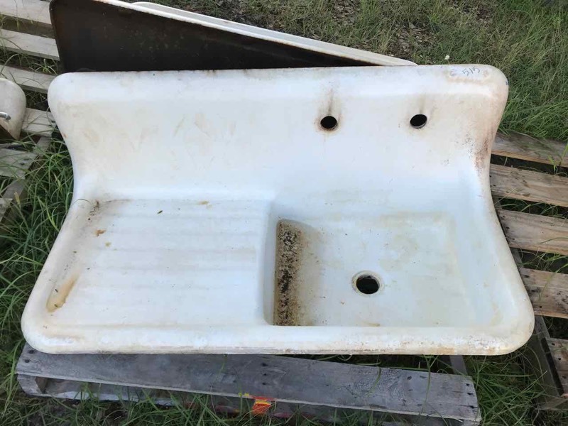 lot 515 image: AntiqueVintage Sink, Cast Iron Enamel Farm Style with Drainboard, Backsplash
