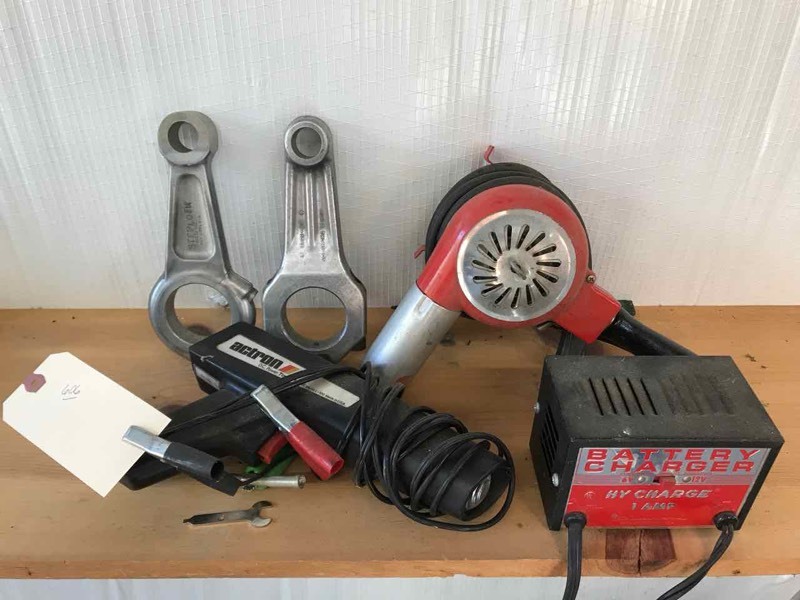 lot 606 image: Battery Charger, Timing Gun, Connecting Rods, Blower