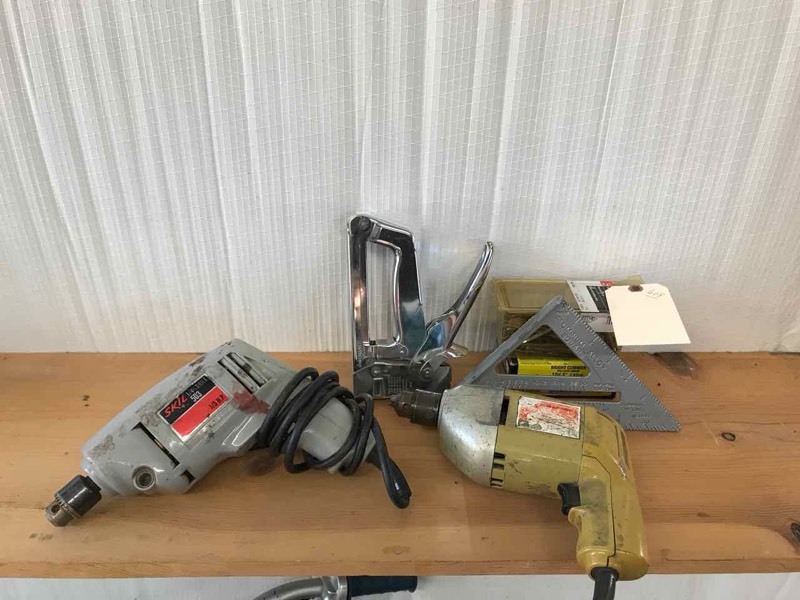 lot 608 image: (2) Electric Hand Drills, Staple Gun, Square