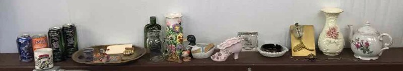 lot 622 image: Asst. Knick-Knacks, Vases, Aluminum Cans, Musical Tea Pot, Etc.