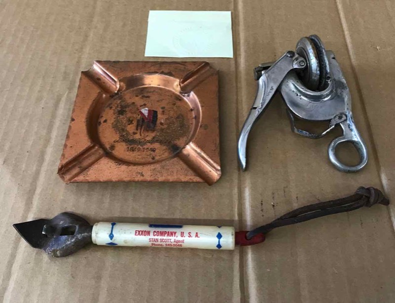 lot 623 image: Boerne Memorabilia Ashtray Centennial 1849-1949, Bottle Opener, Stamp