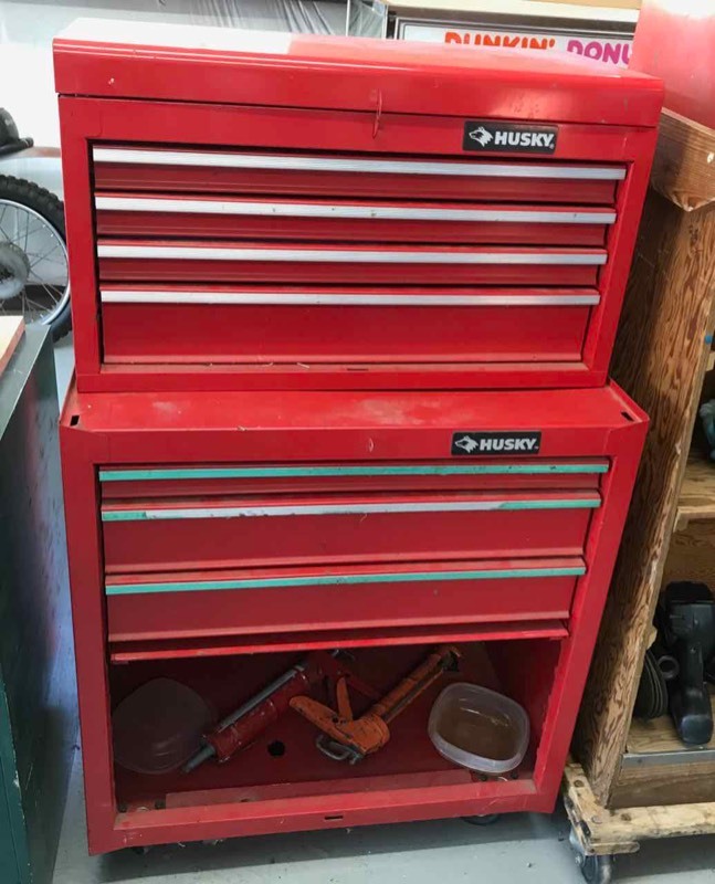 lot 640 image: Husky Red Tool Cabinet with Tools and a Two-Drawer Green File Cabinet