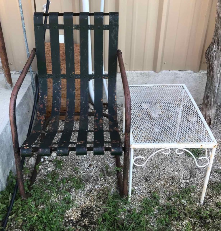 lot 641 image: Metal Lawn Chair (black) and White Metal Patio Side Table