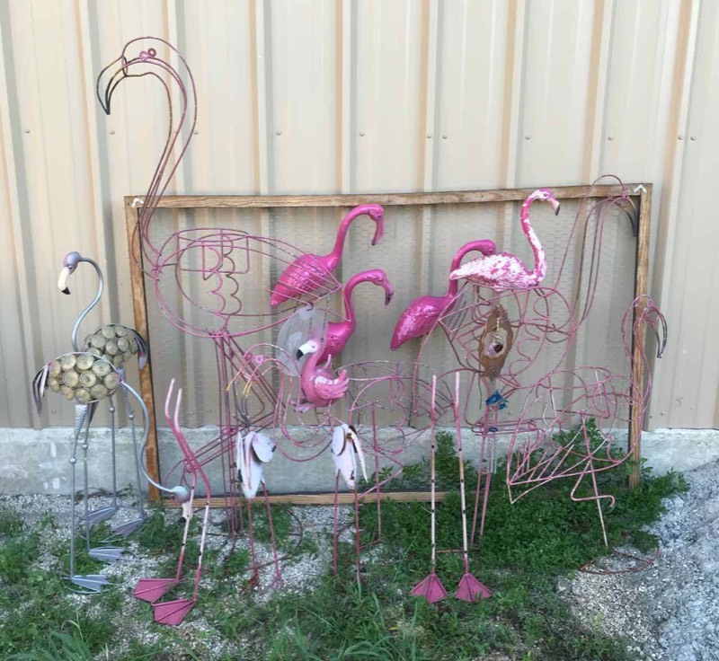 lot 645 image: Flamingos Wire Potted Plant Stands, Yard Figures, Chimes, Spinner