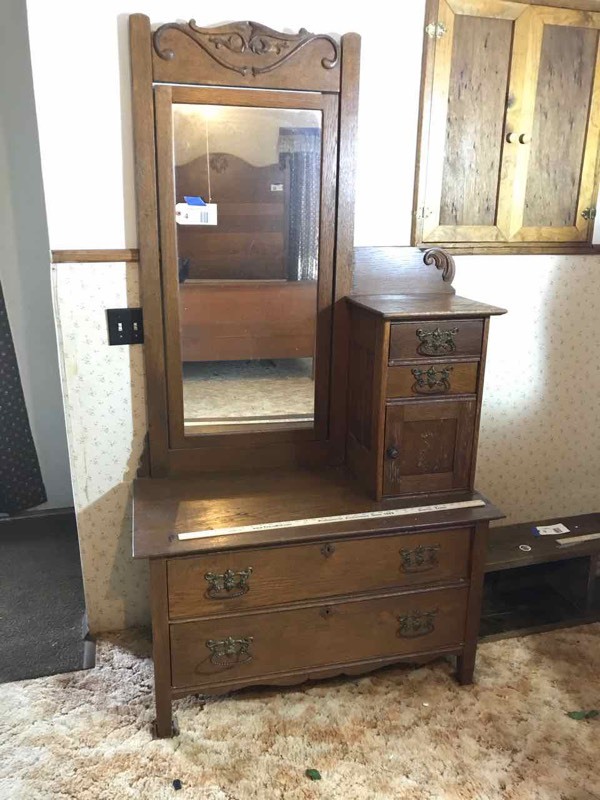 Upstairs Antique Oak Drop Front Dresser With Hat Glove Boxes