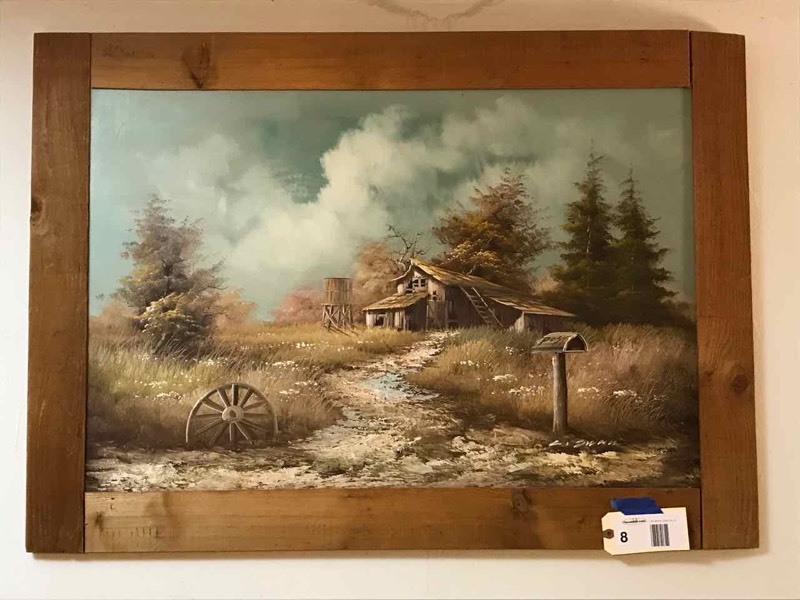 lot 8 image: Upstairs Oil on Canvas Painting Barn Scene, Cedar Frame (L. Swan)