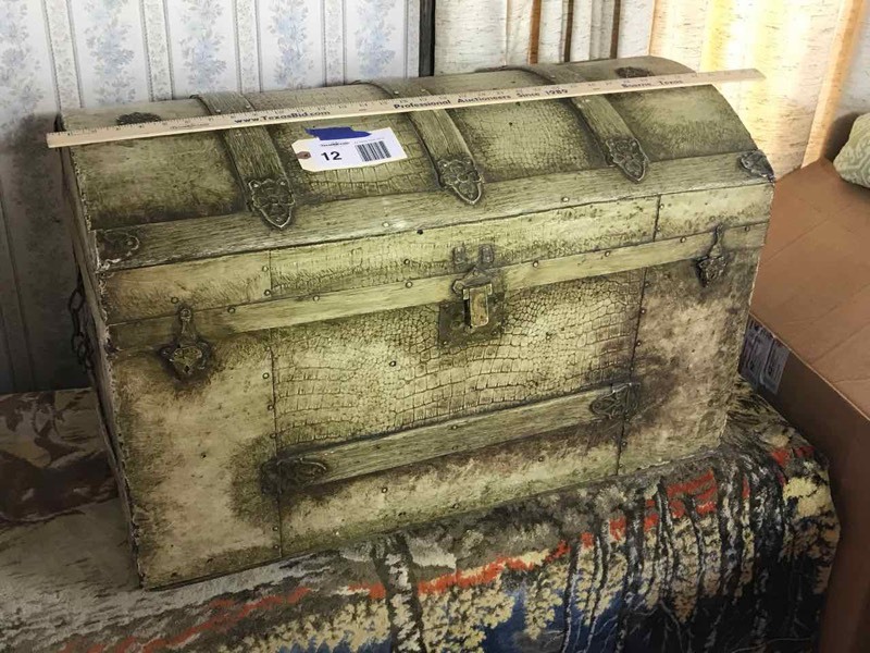 lot 12 image: Living Room Antique Camel Back Painted Trunk