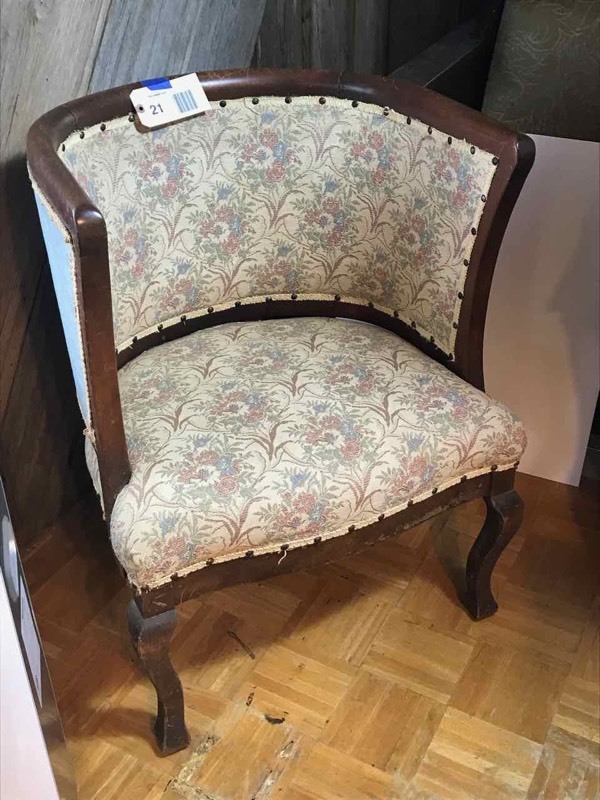 lot 21 image: Living Room Antique Barrel Back Upholstered Chair