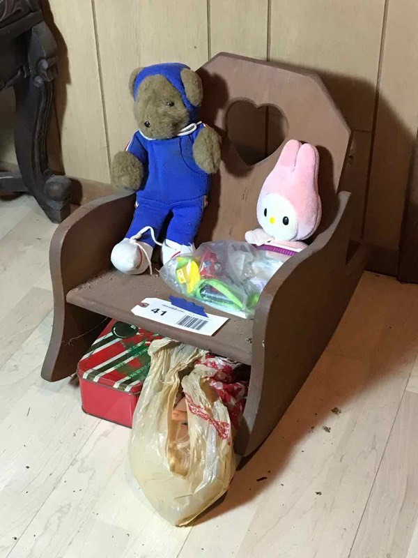 lot 41 image: Living Room Childs Rocker, Dolls, Card Games, Stuffed Animals, Etc.