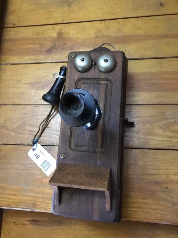 lot 48 image: Living Room Antique Oak Kellogg Crank Wall Phone