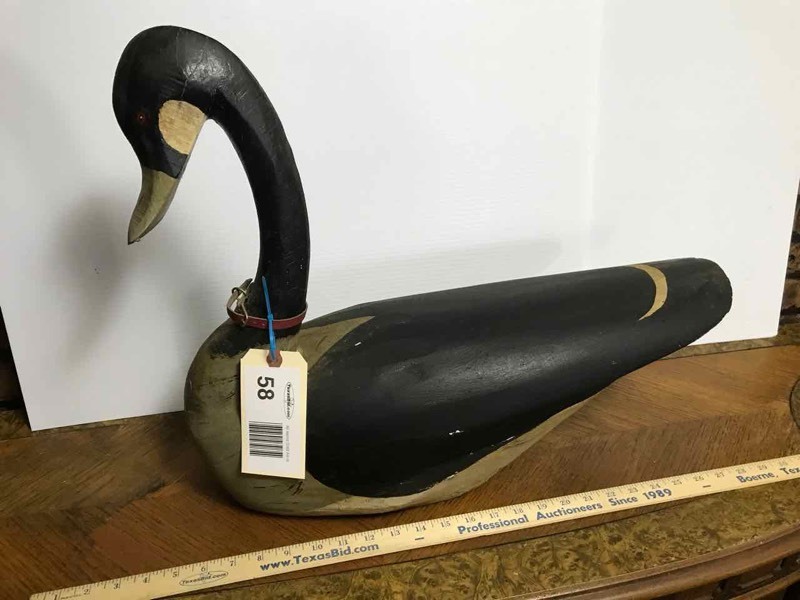lot 58 image: Front Room Large Carved Wood Goose (signed BG on bottom)