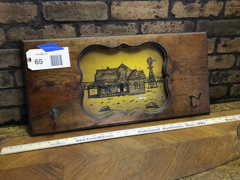 lot 65 image: Front Room Pine Coat Rack with Farmhouse Scene & Windmill