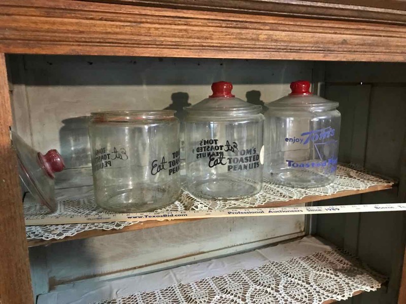 lot 71 image: Kitchen (3) Vintage Toms Candy Jars  (one is damaged)