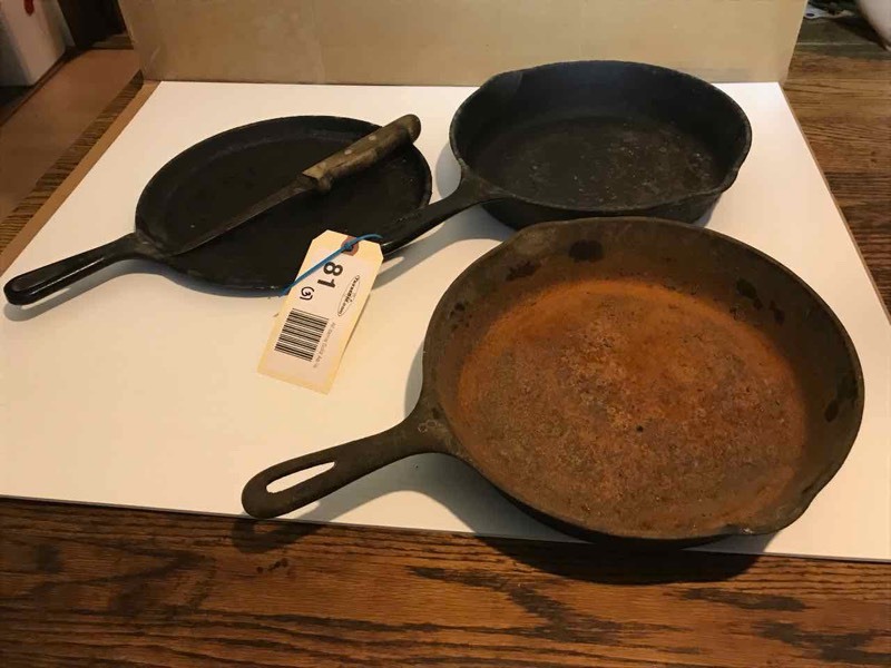 lot 81 image: Kitchen Cast Iron (1) Comal, (2) Skillets