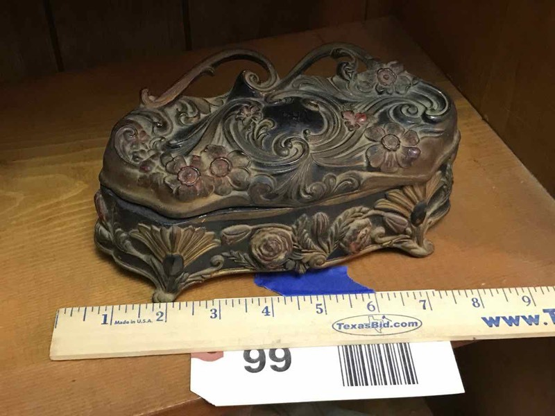 lot 99 image: Bedroom 1  Lina Deike Antique Jewelry Box, cast metal, on bottom reads 1930