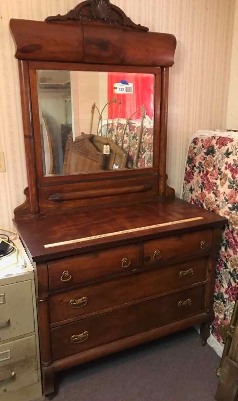 lot 123 image: Bedroom 2 Antique Dresser with Beveled Mirror (Shell)