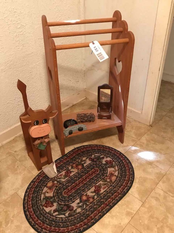 lot 132 image: Kitchen Necessary Room Sign, Towel Holder, Cow TP Holder, Soap Holders, Oval Rug