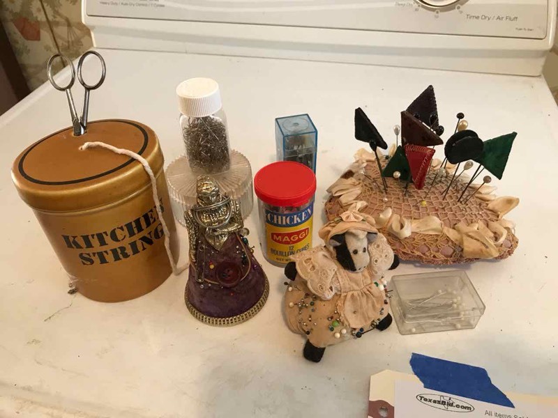 lot 136 image: Laundry Room Pin Cushions, String Holder, Asst. Pins, Etc.