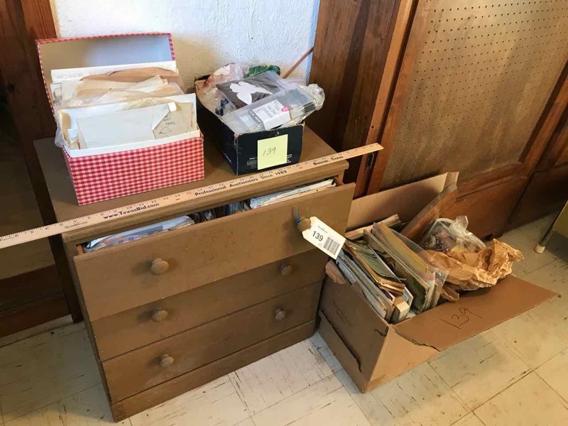 lot 139 image: Laundry Room Childs Dresser Filled with Sewing Patters, Asst. Crafting Supplies