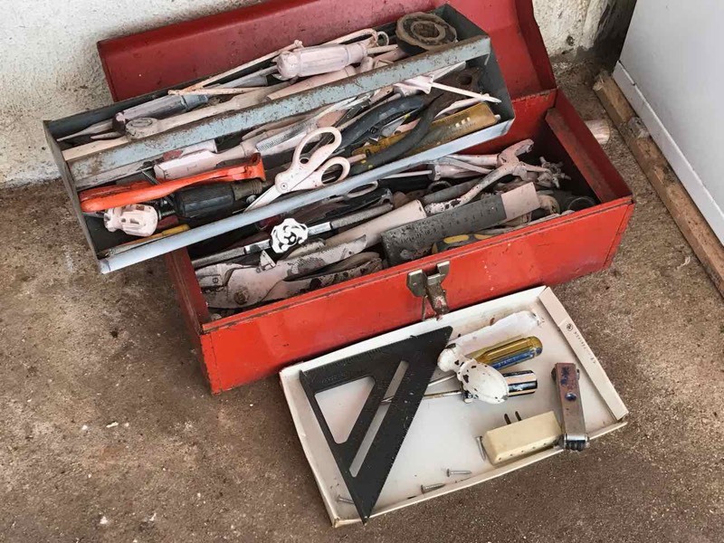 lot 145 image: Back Patio Red Tool Chest with Asst. Tools (painted pink)