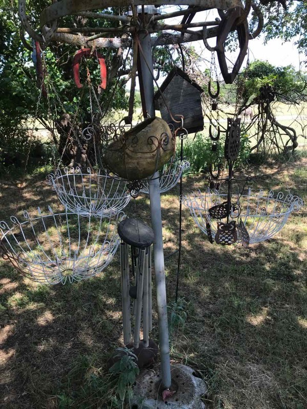 lot 153 image: Yard Hanging Yard Art Wire Baskets, Shepherds Hook, Bird House, Chimes, Etc.