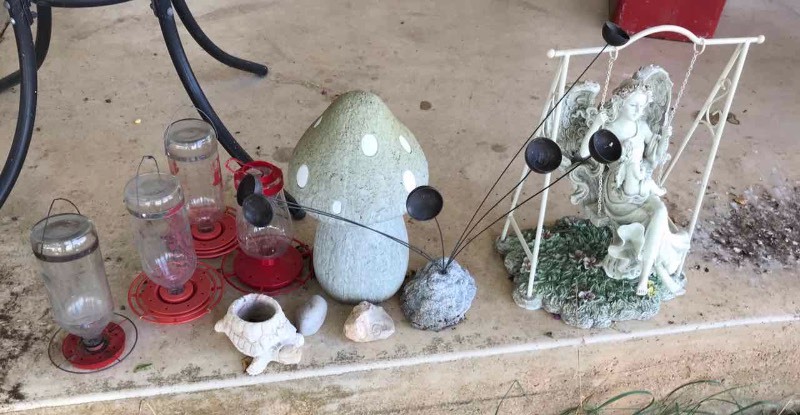 lot 164 image: Porch Humming Bird Feeders, Resin Yard Art, Wind Bells