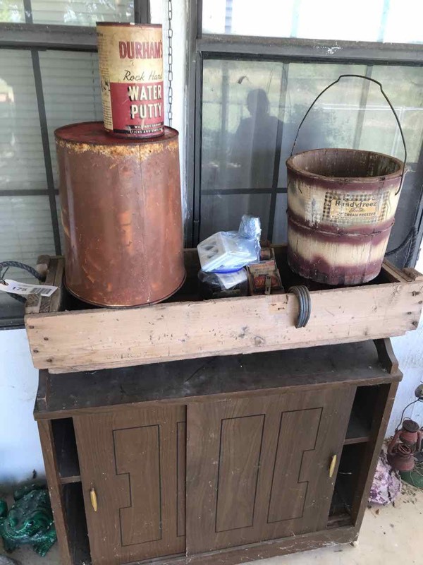 lot 175 image: Porch An Assortment Old Ice Cream Bucket, Cabinet, Ammo Box, Old Hardware, Ceramic Plug Plate Covers