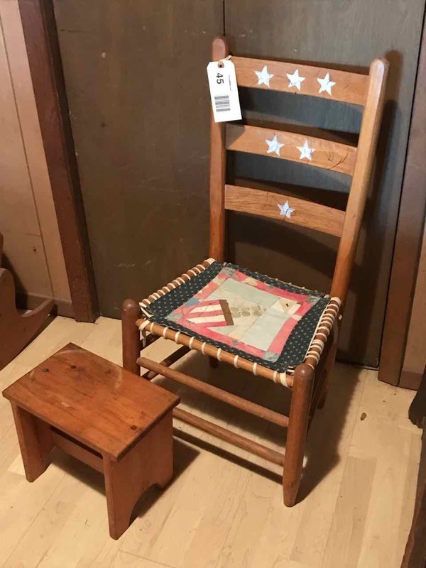lot 45 image: Living Room Youth Ladder Back Chair with Rope Seat & Foot Stool (pine)