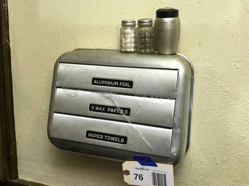 lot 76 image: Kitchen Aluminum Wall Hanging Paper Dispenser, Salt & Pepper Shakers