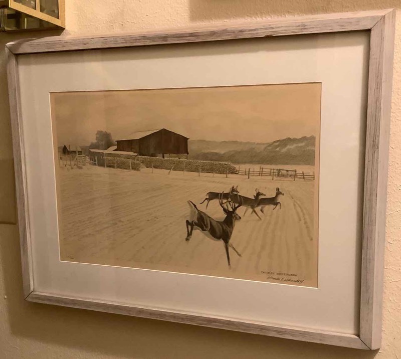 lot 12 image: Charles Beckendorf FramedMatted Print Limited Edition 162500, Signed (Deer in Snow)(H)